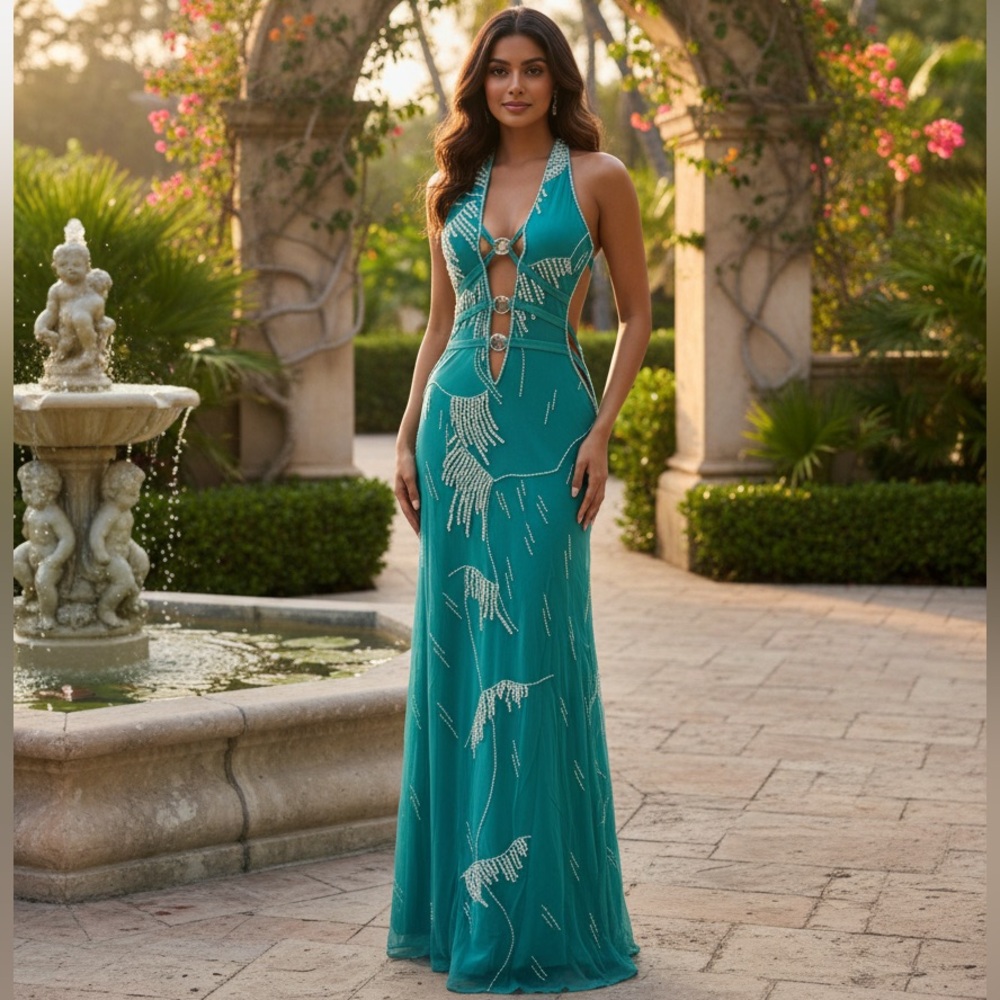 Aqua hand beaded with pearls and beads Halter Evening Gown on Power mesh fabric